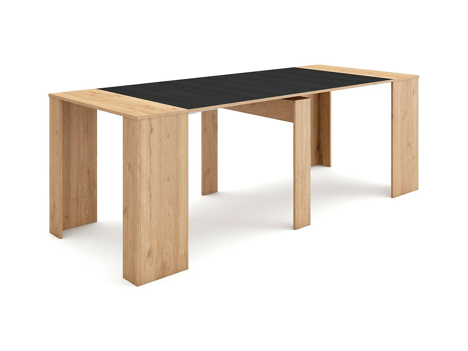 Table console extensible, 222x90x77cm, Pour 10 personnes, Table à Manger, Chêne et noir