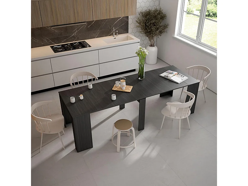 Table console extensible, 262x90x77cm, Pour 12 personnes, Table à Manger, Noir