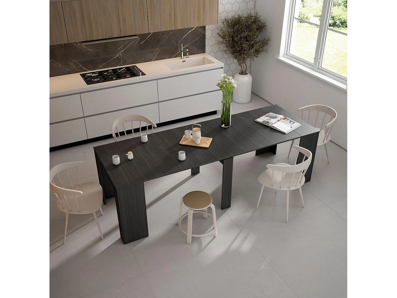 Uitschuifbare Consoletafel, 262x90x77cm, Voor 12 personen, Tafel, Zwart