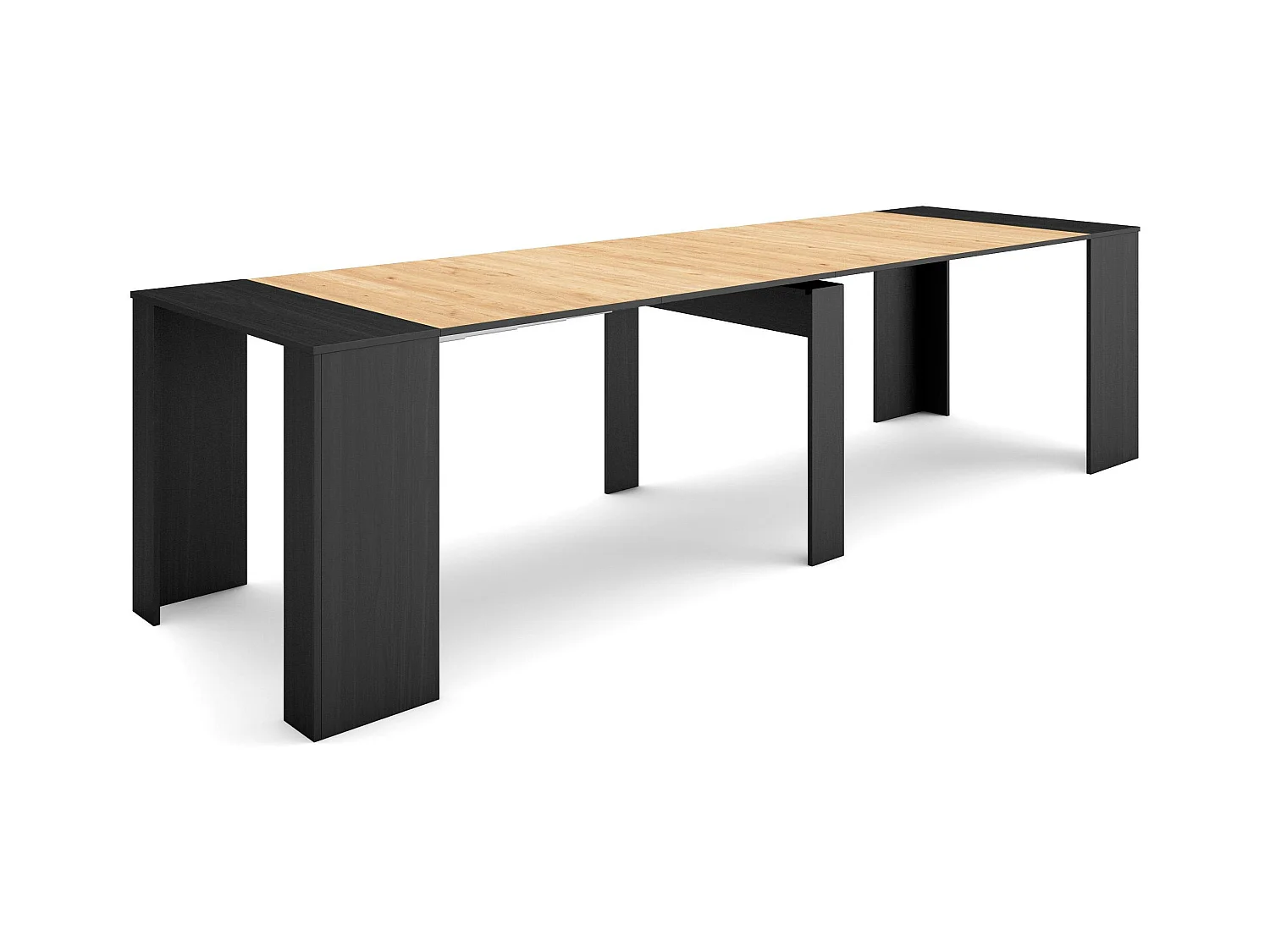 Table console extensible, 302x90x77cm, Pour 14 personnes, Table à Manger, Noir et chêne