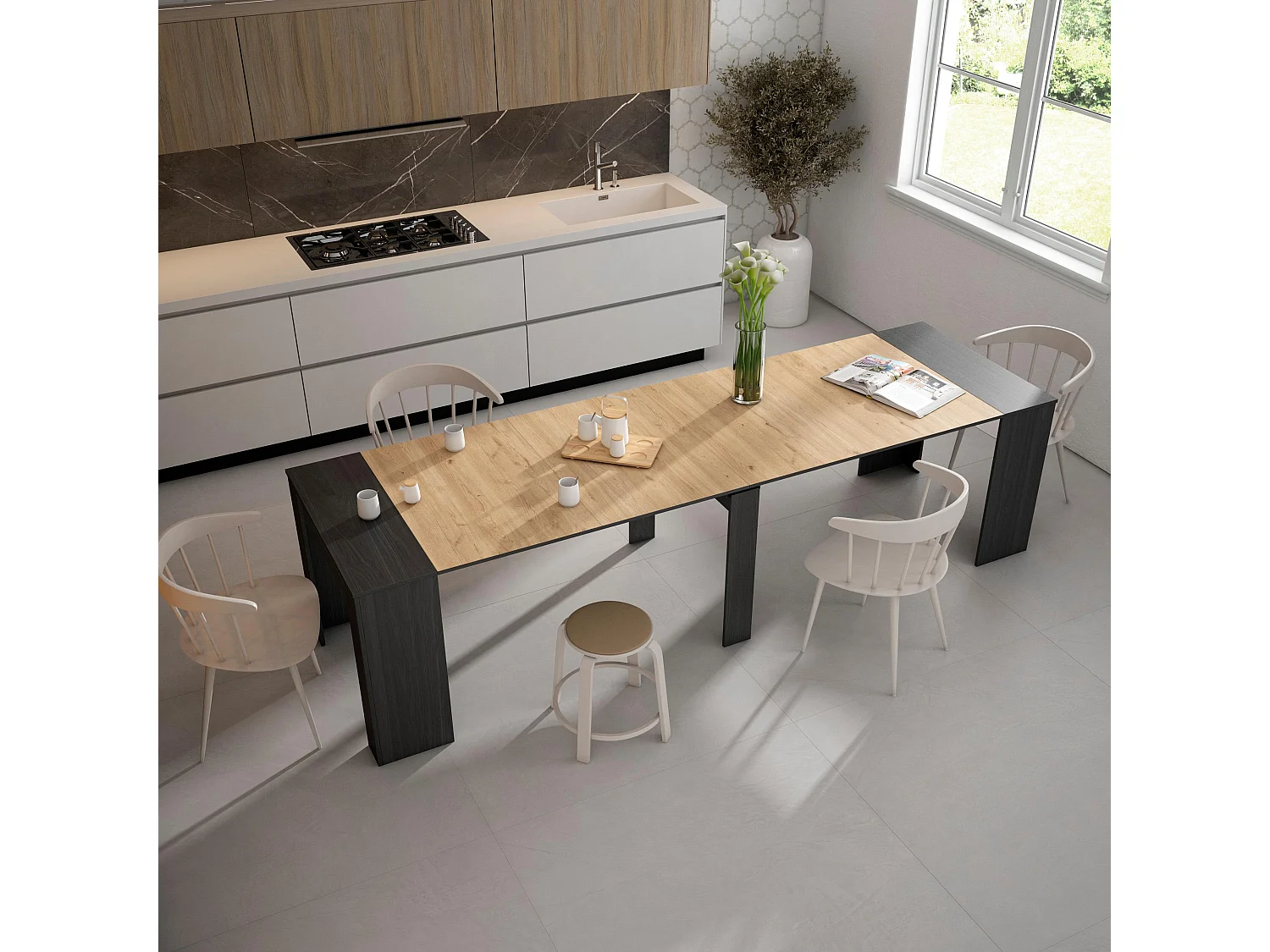 Table console extensible, 302x90x77cm, Pour 14 personnes, Table à Manger, Noir et chêne