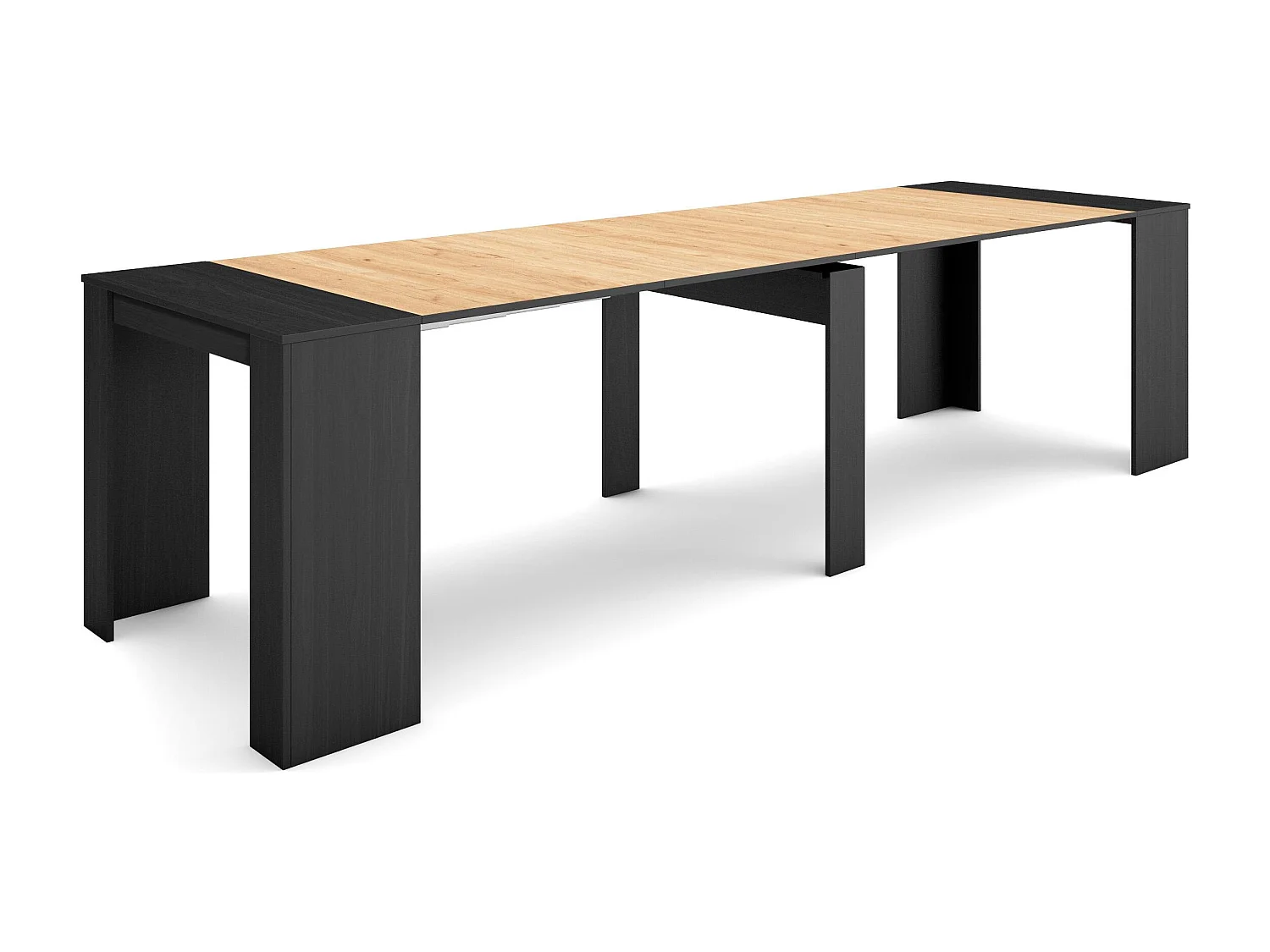Table console extensible, 302x90x77cm, Pour 14 personnes, Table à Manger, Noir et chêne