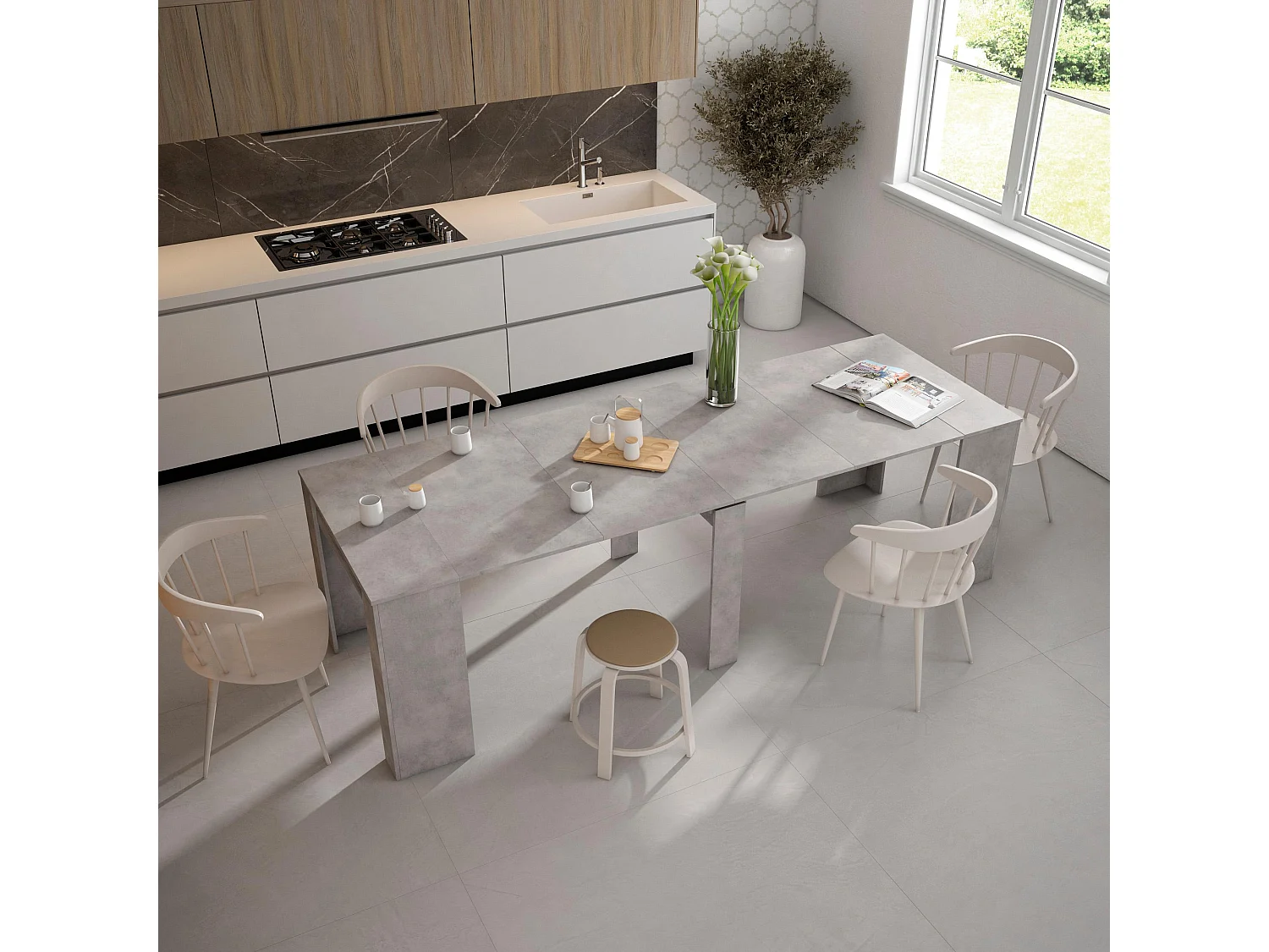 Uitschuifbare Consoletafel, 262x90x77cm, Voor 12 personen, Tafel, Cement