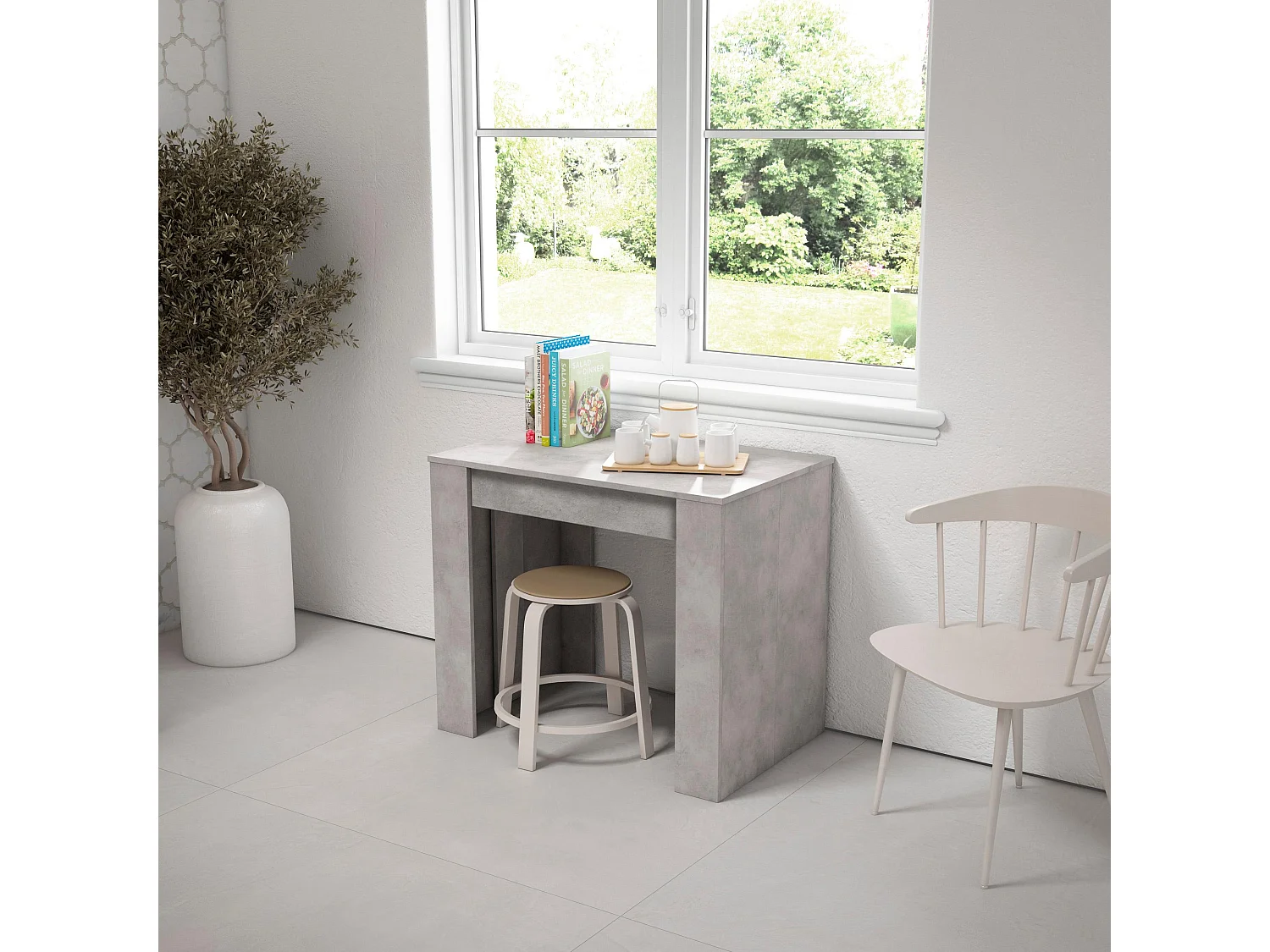 Uitschuifbare Consoletafel, 262x90x77cm, Voor 12 personen, Tafel, Cement
