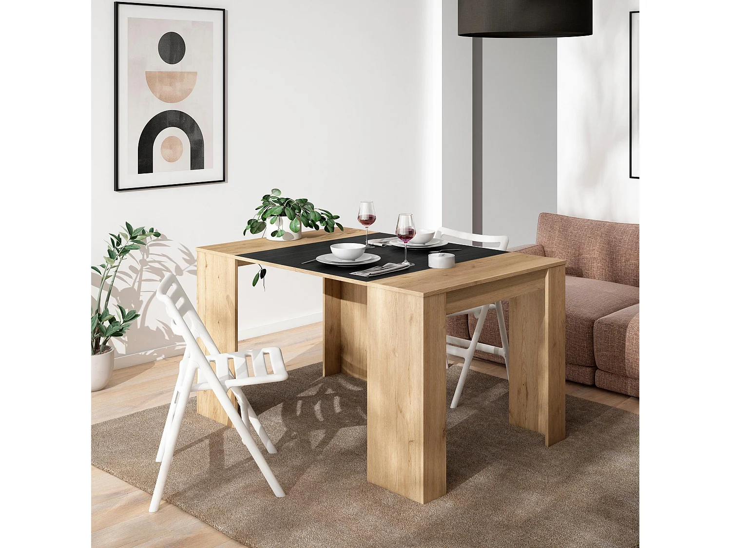 Table console extensible, 140x90x77cm, Pour 6 personnes, Table à Manger, Chêne et noir