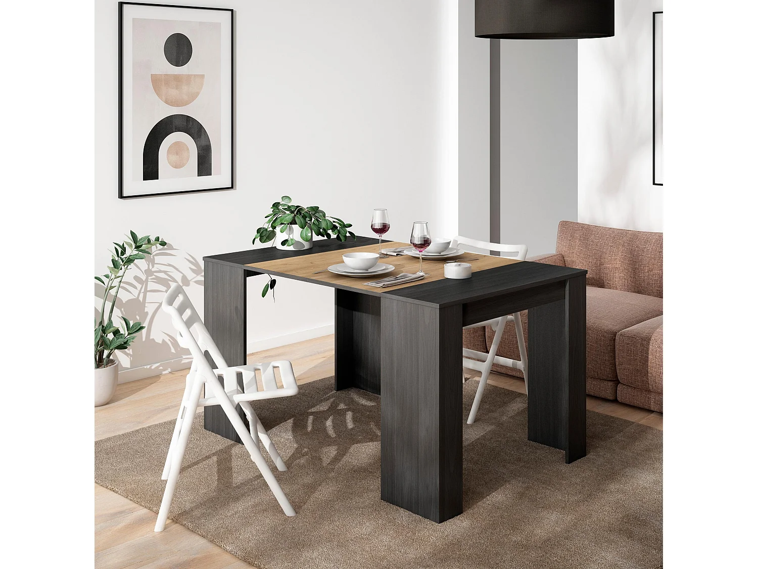 Ausziehbarertisch, 140x90x77cm, Für 6 Gäste, Esszimmertische, Schwarz Eiche