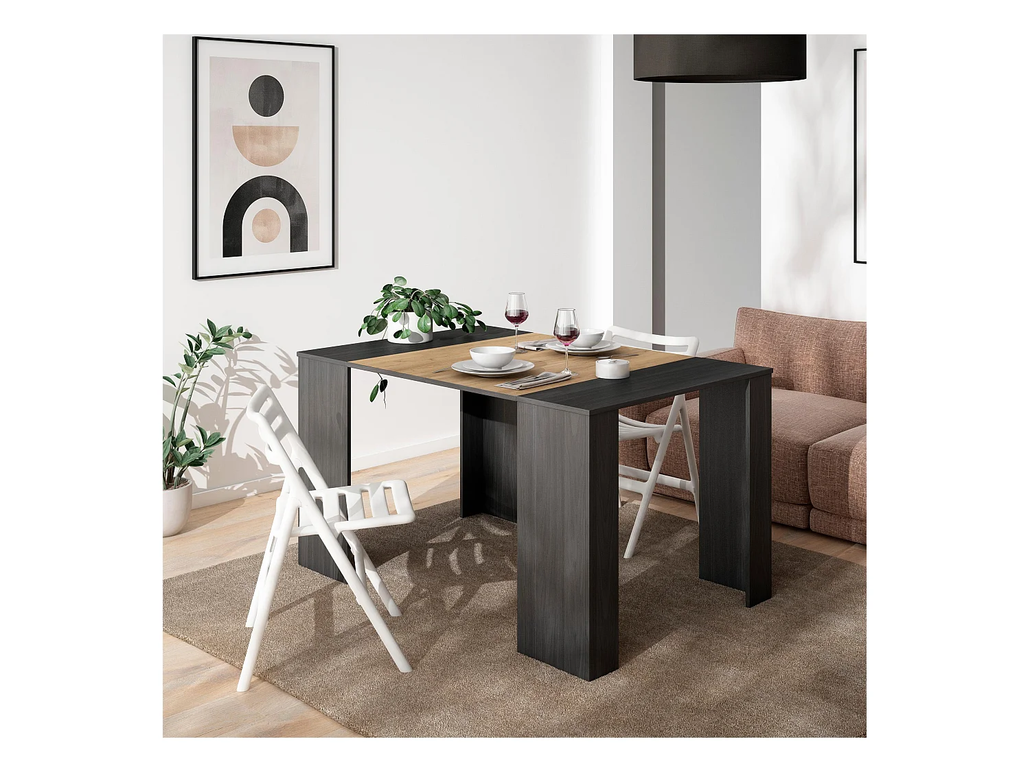 Consolle allungabile, 140x90x77cm, Per 6 persone,  Tavolo da pranzo, Nero e rovere