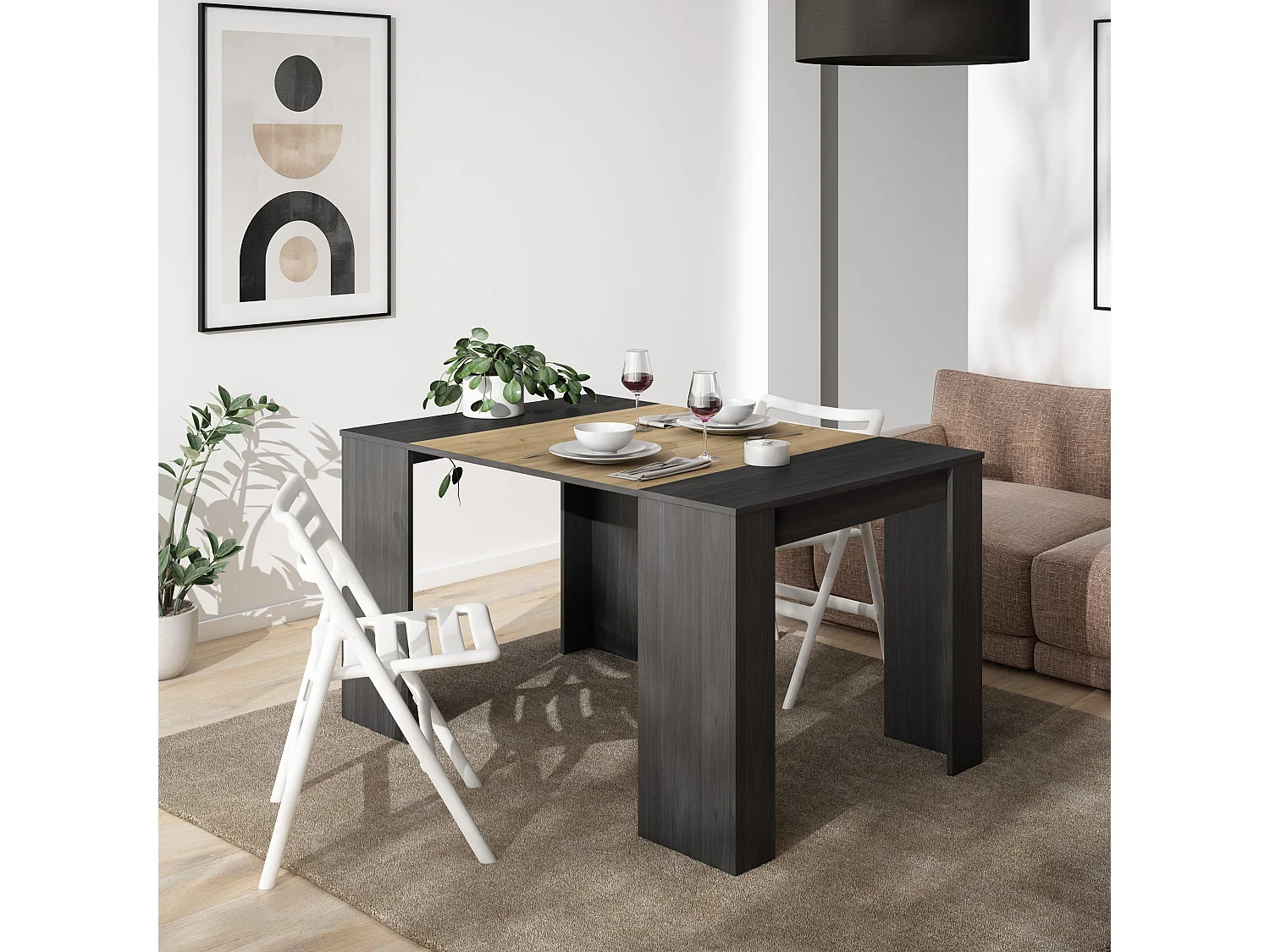 Table console extensible, 140x90x77cm, Pour 6 personnes, Table à Manger, Noir et chêne