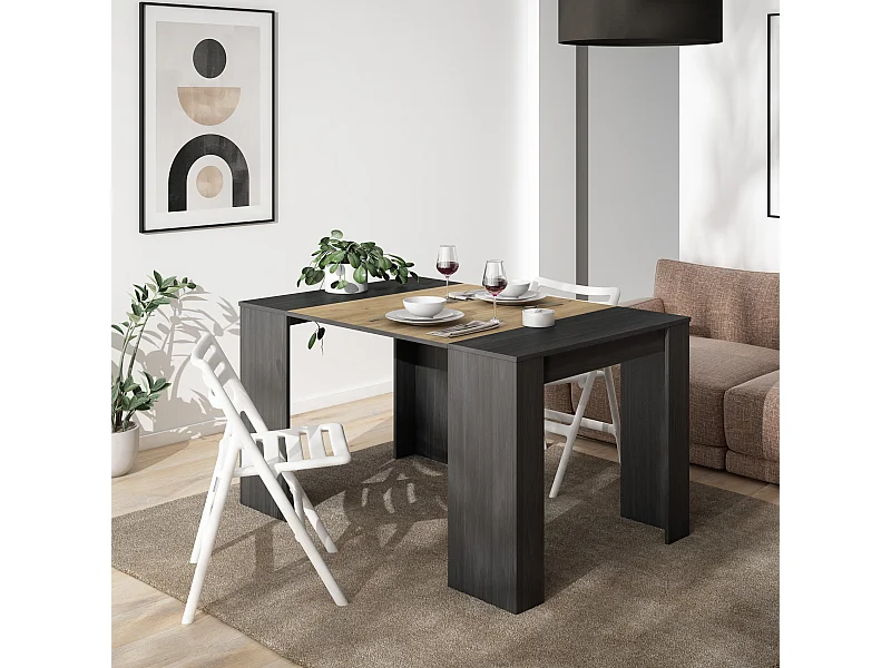 Consolle allungabile, 140x90x77cm, Per 6 persone,  Tavolo da pranzo, Nero e rovere