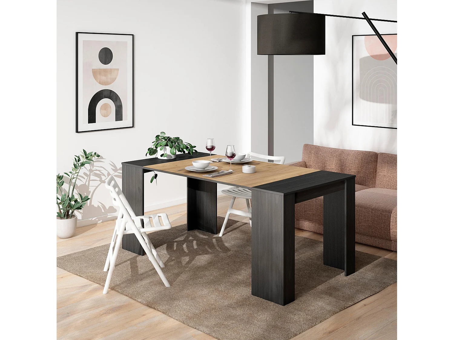 Table console extensible, 180x90x77cm, Pour 8 personnes, Table à Manger, Noir et chêne