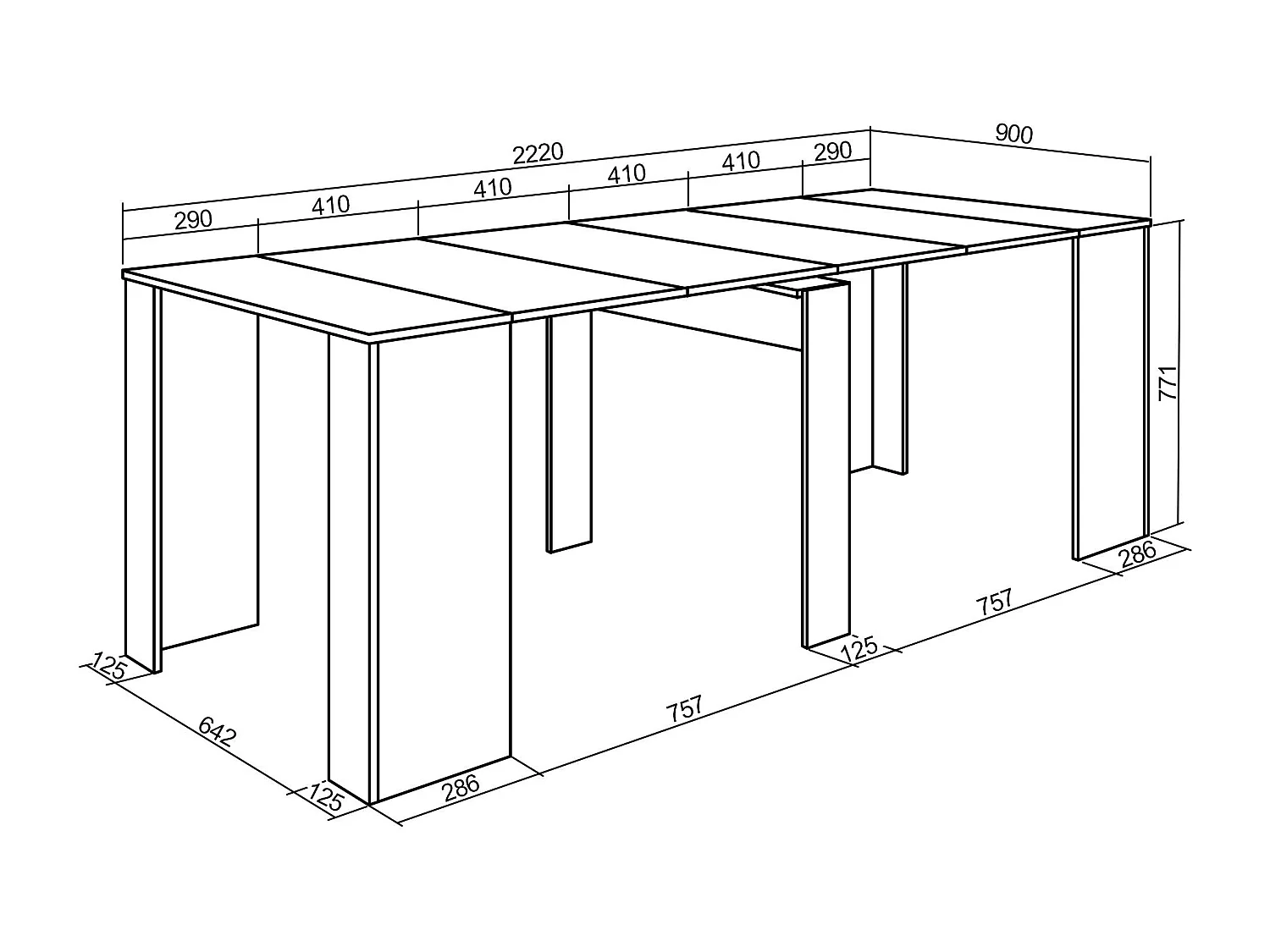 Mesa Consola Extensível, 222x90x77cm, Para 10 pessoas, Mesa de Jantar, Cimento