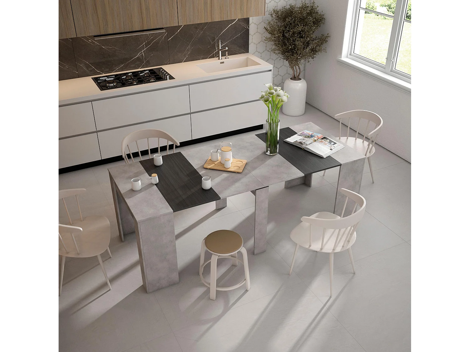 Table console extensible, 222x90x77cm, Pour 10 personnes, Table à Manger, Ciment