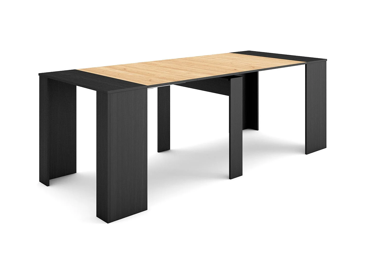 Table console extensible, 222x90x77cm, Pour 10 personnes, Table à Manger, Noir et chêne