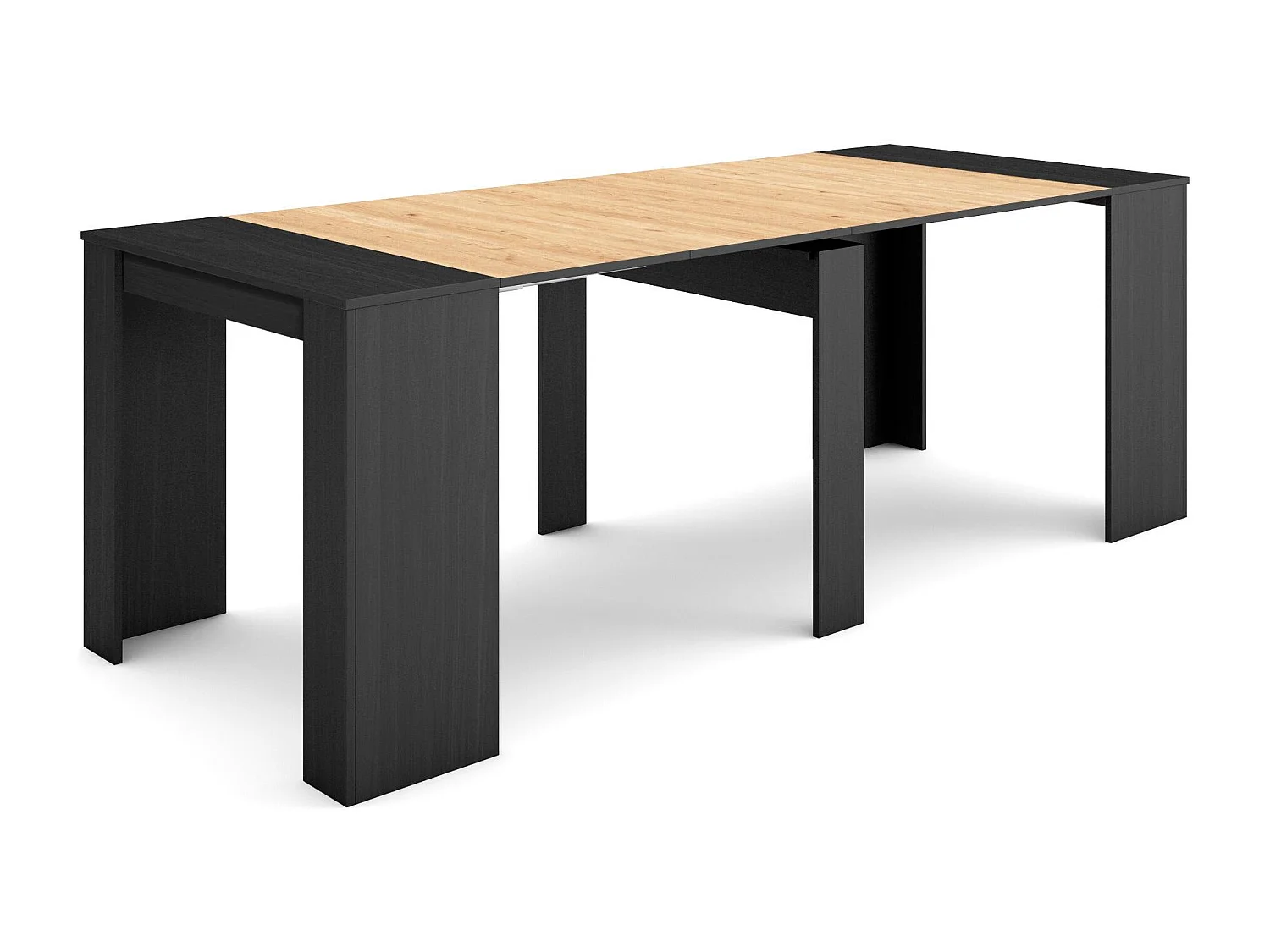 Table console extensible, 222x90x77cm, Pour 10 personnes, Table à Manger, Noir et chêne