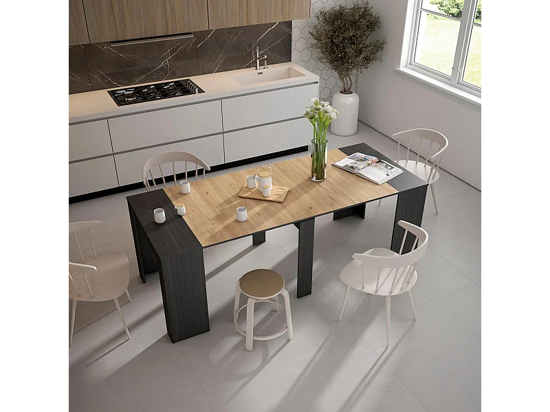 Table console extensible, 222x90x77cm, Pour 10 personnes, Table à Manger, Noir et chêne