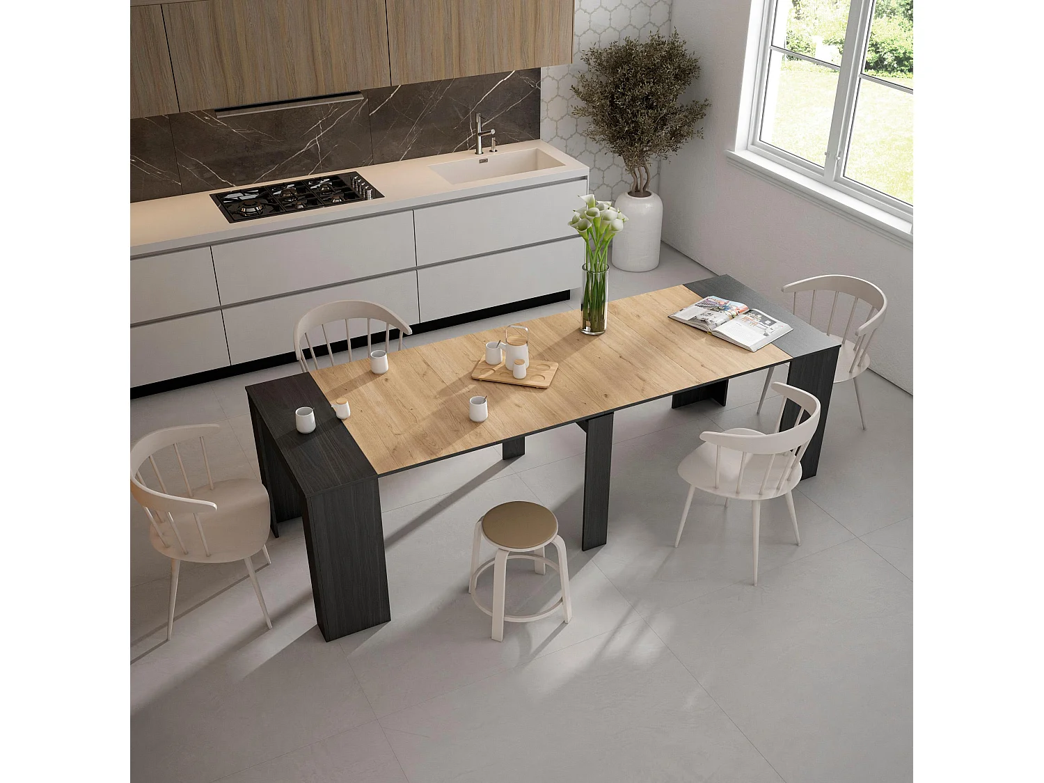 Table console extensible, 262x90x77cm, Pour 12 personnes, Table à Manger, Noir et chêne