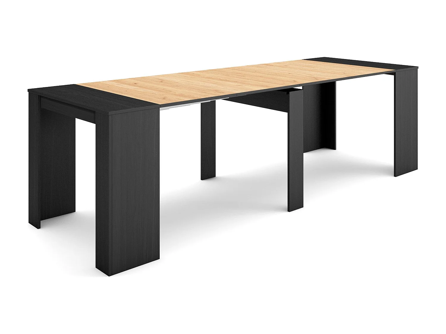 Table console extensible, 262x90x77cm, Pour 12 personnes, Table à Manger, Noir et chêne