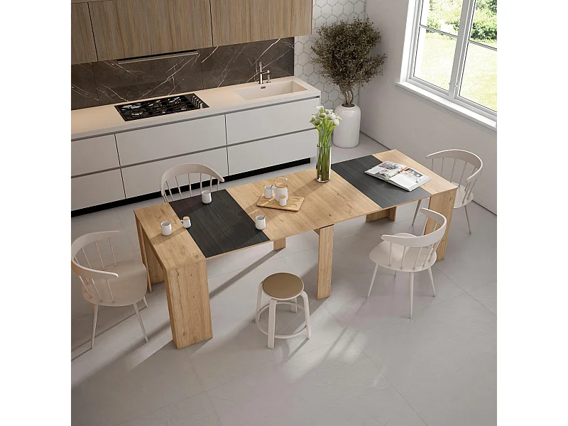 Mesa Consola Extensível, 262x90x77cm, Para 12 pessoas, Mesa de Jantar, Carvahlo e preto