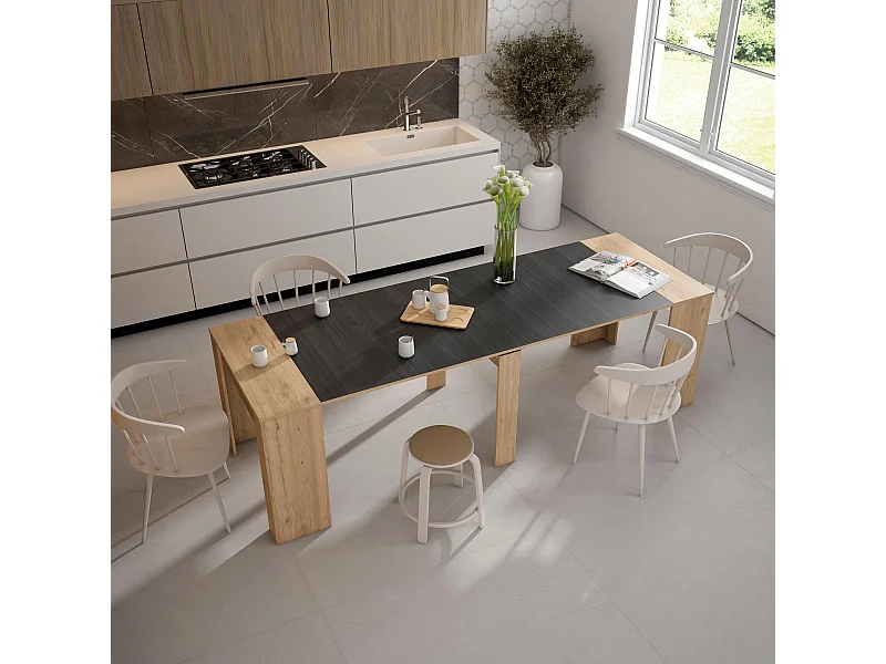 Table console extensible, 262x90x77cm, Pour 12 personnes, Table à Manger, Chêne et noir