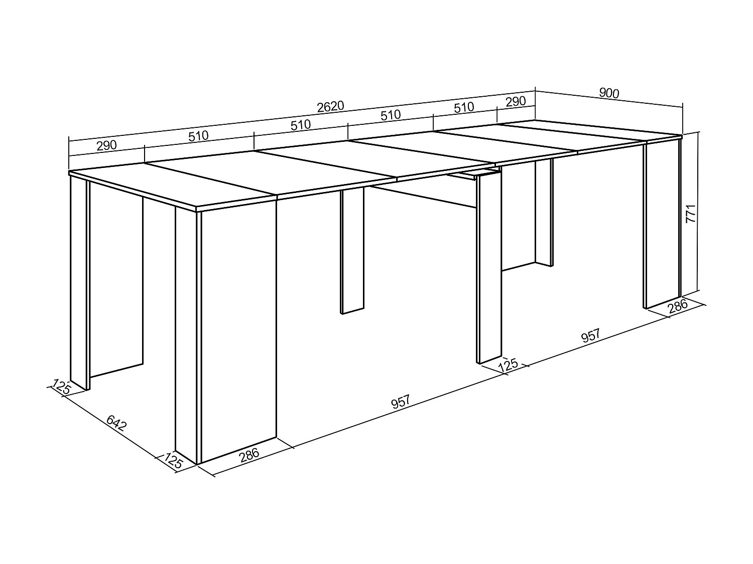 Table console extensible, 262x90x77cm, Pour 12 personnes, Table à Manger, Chêne et noir