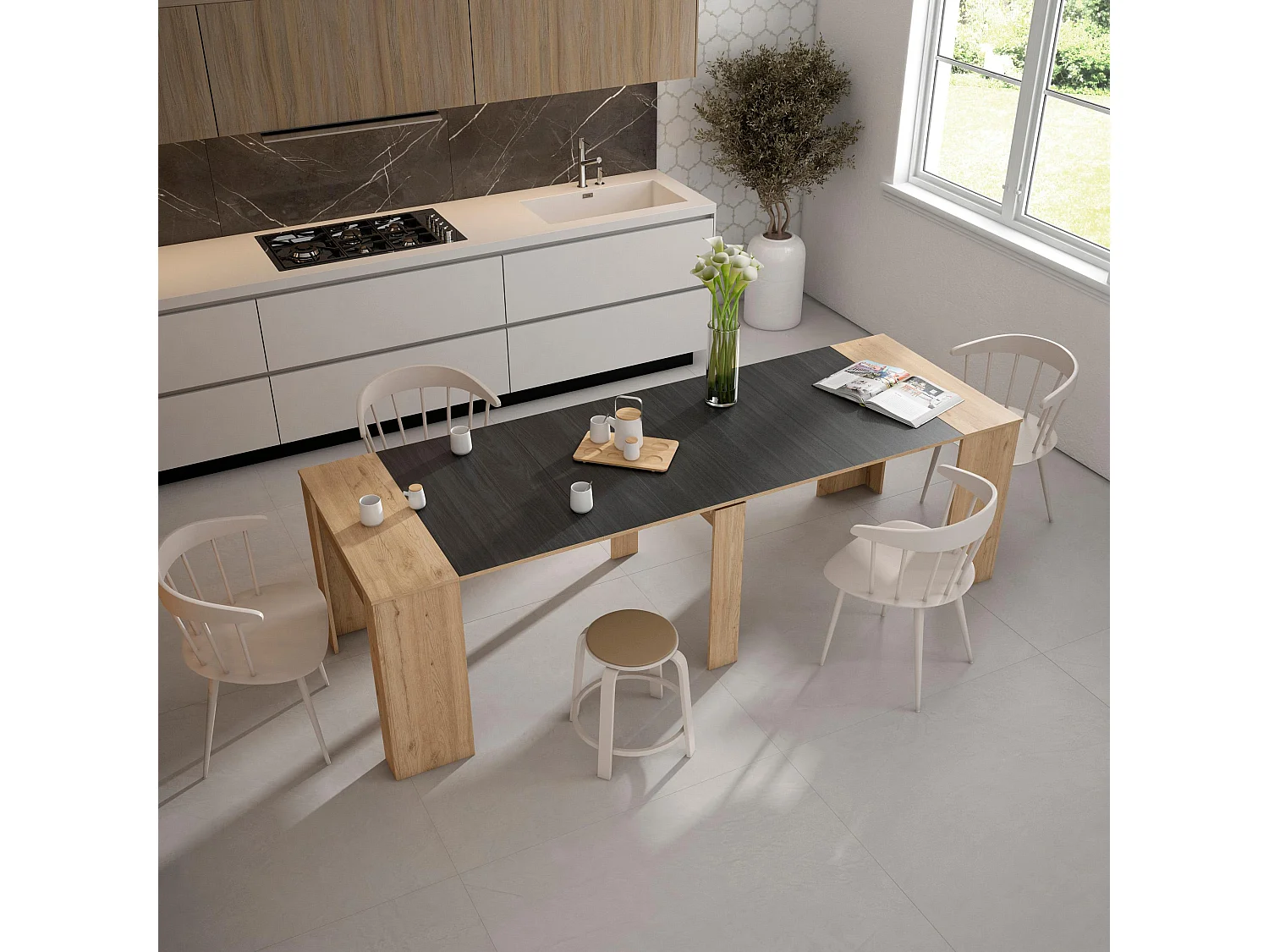 Table console extensible, 262x90x77cm, Pour 12 personnes, Table à Manger, Chêne et noir