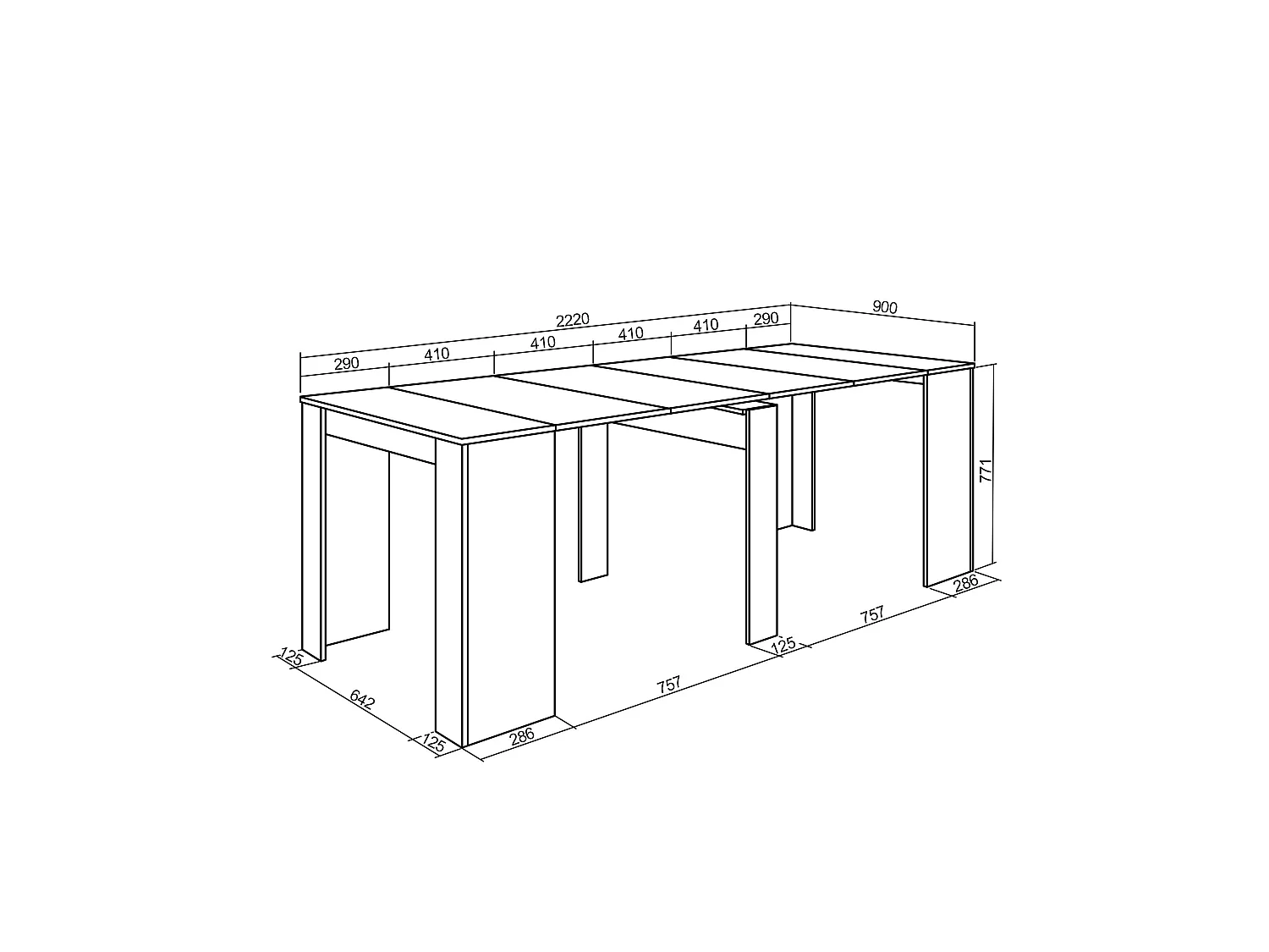 Table console extensible, 222x90x77cm, Pour 10 personnes, Table à Manger, Noir