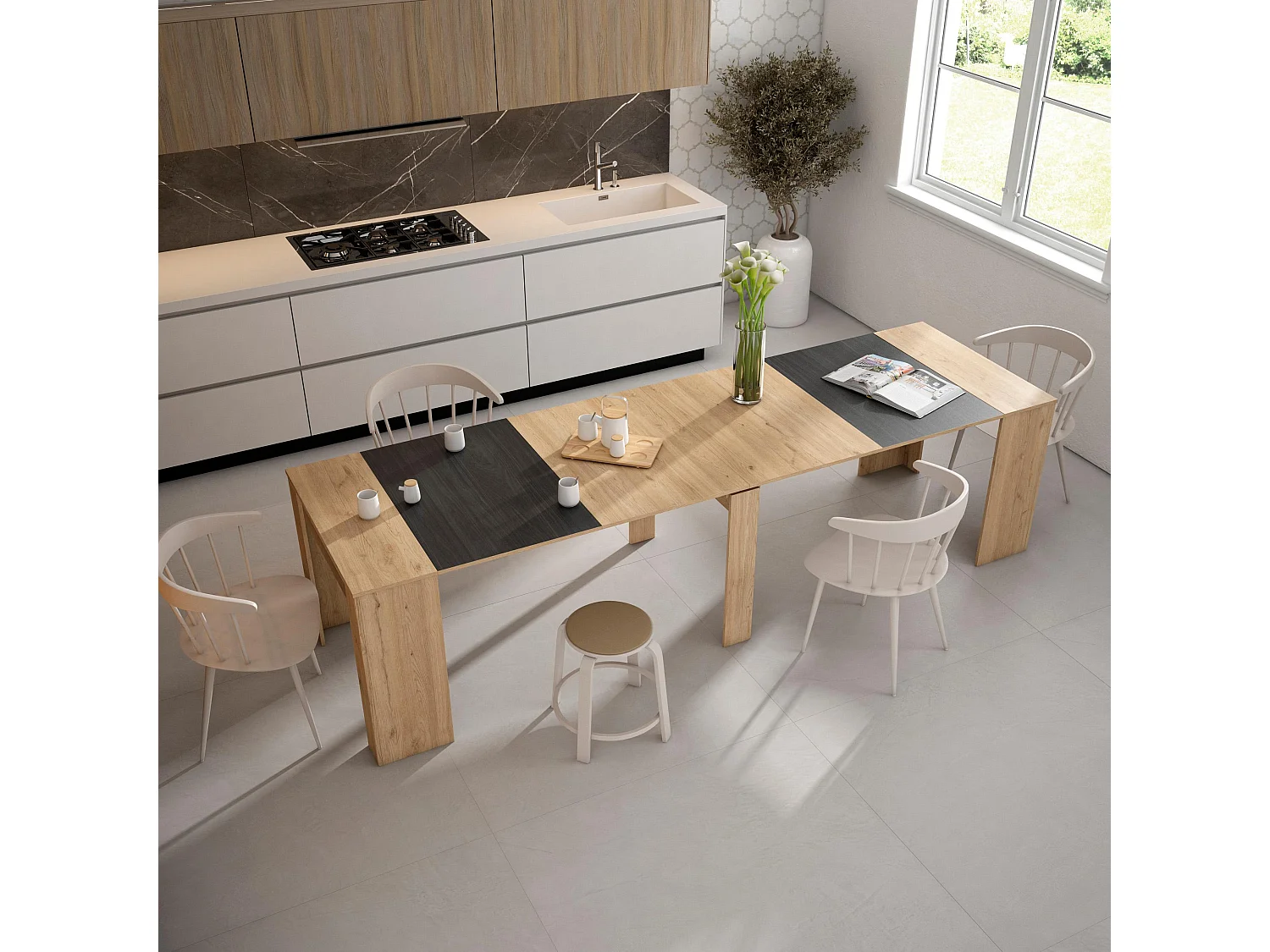 Mesa Consola Extensível, 302x90x77cm, Para 14 pessoas, Mesa de Jantar, Carvahlo e preto