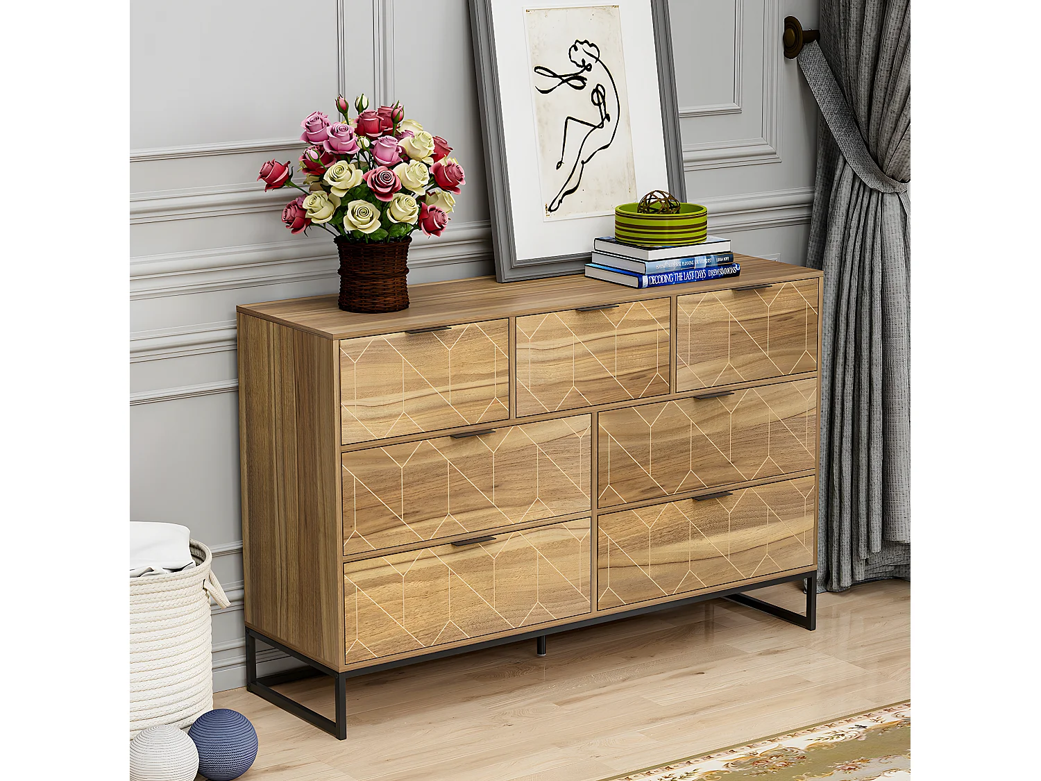 Commode avec six tiroirs - 120cm - Marron - Sweiko