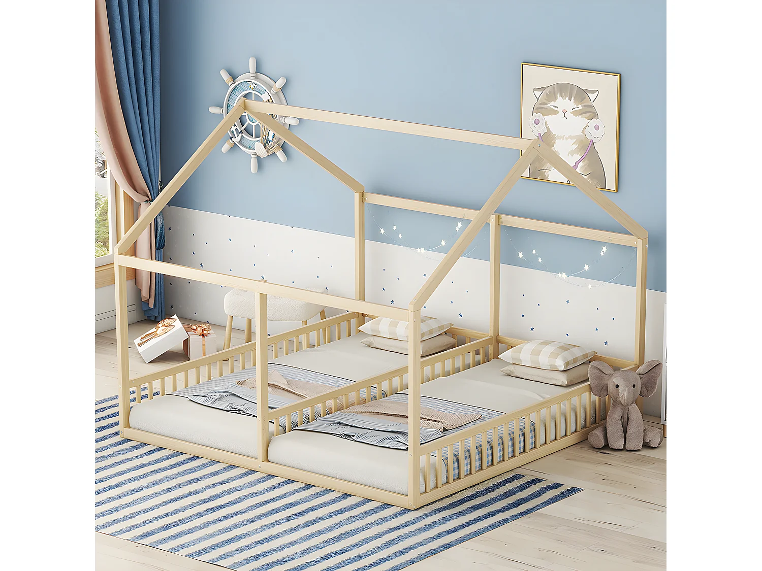 Lit cabane Lit 2 en 1 - 90 x 200 cm - Naturel - Sweiko