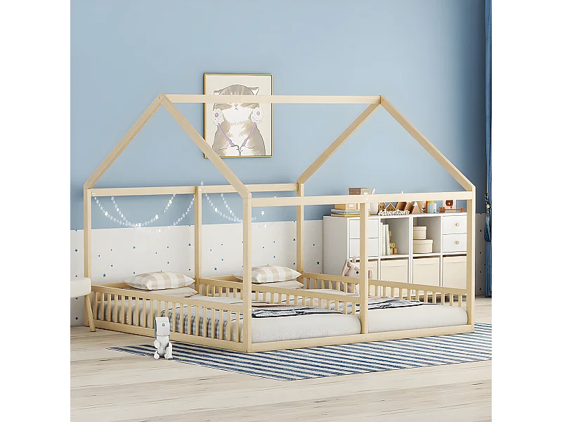 Lit cabane Lit 2 en 1 - 90 x 200 cm - Naturel - Sweiko