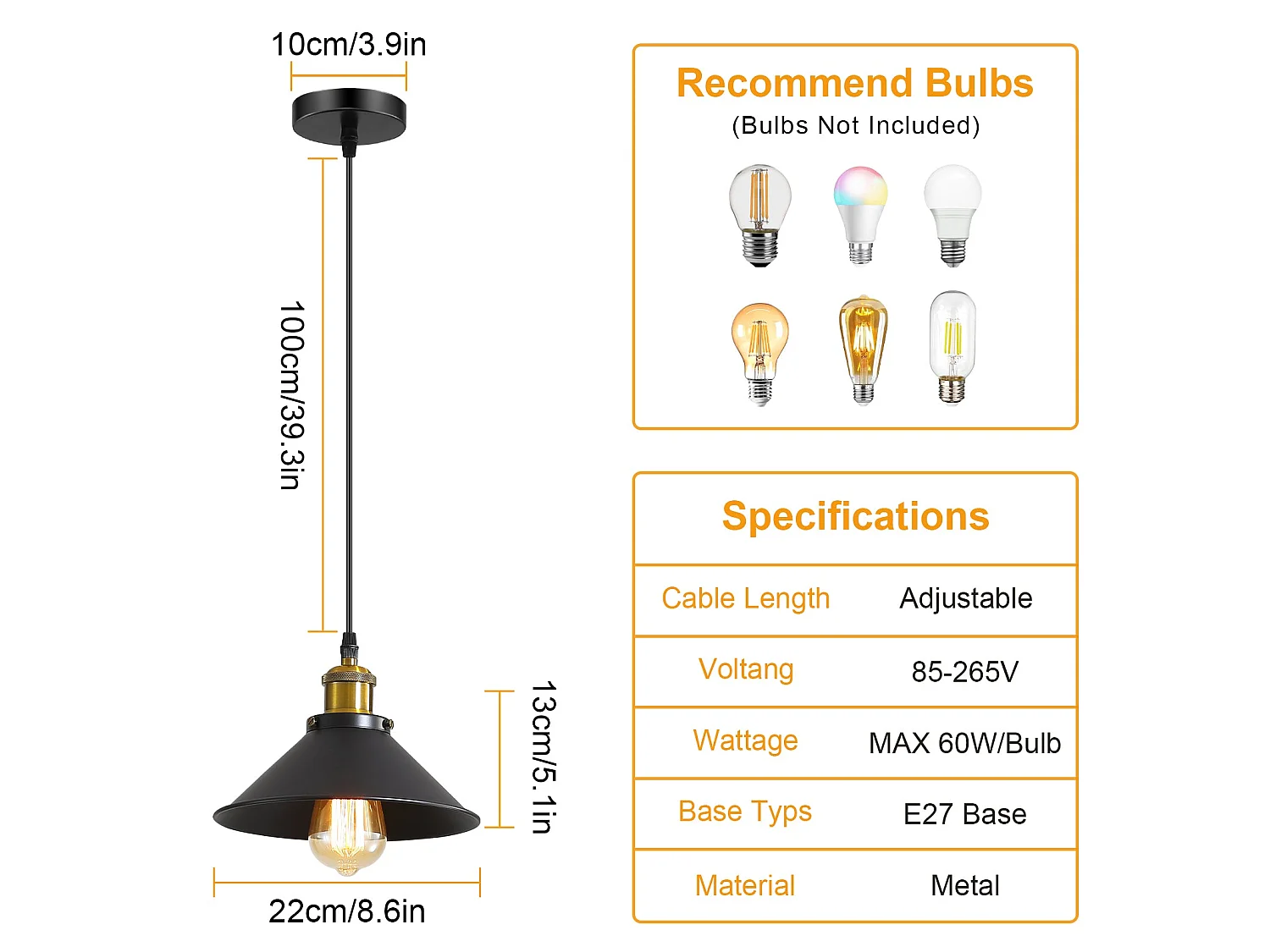 Suspension industrielle lustre, noir or, 130 * 22 * 22cm, noir, sans ampoules E27