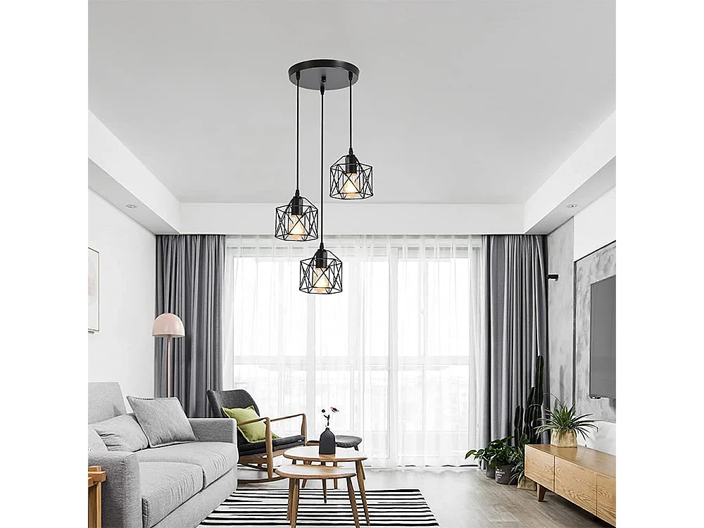 Suspension lustre industriel 3 lumière avec 120 cm câble réglable E27, noir, sans ampoules