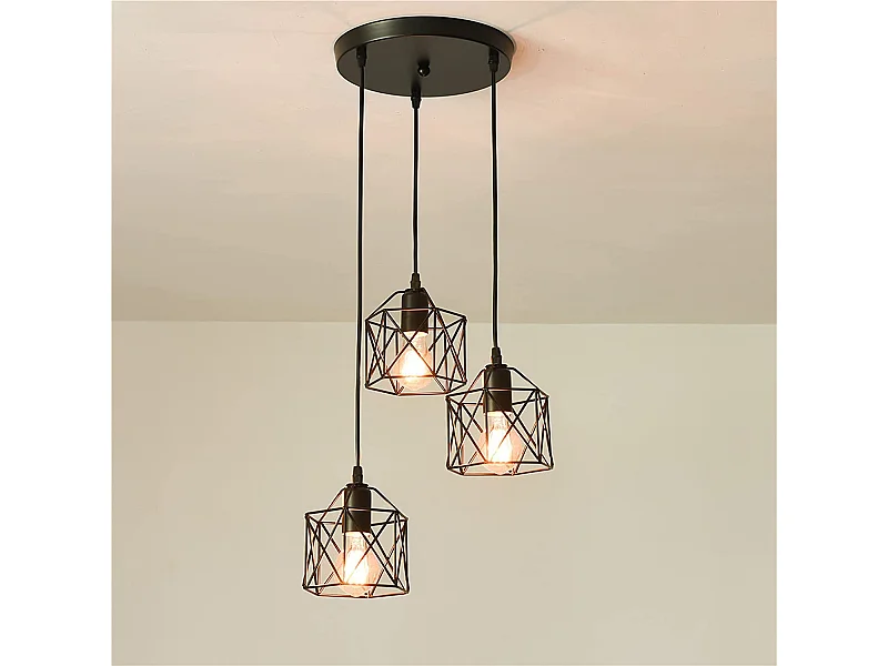 Suspension lustre industriel 3 lumière avec 120 cm câble réglable E27, noir, sans ampoules