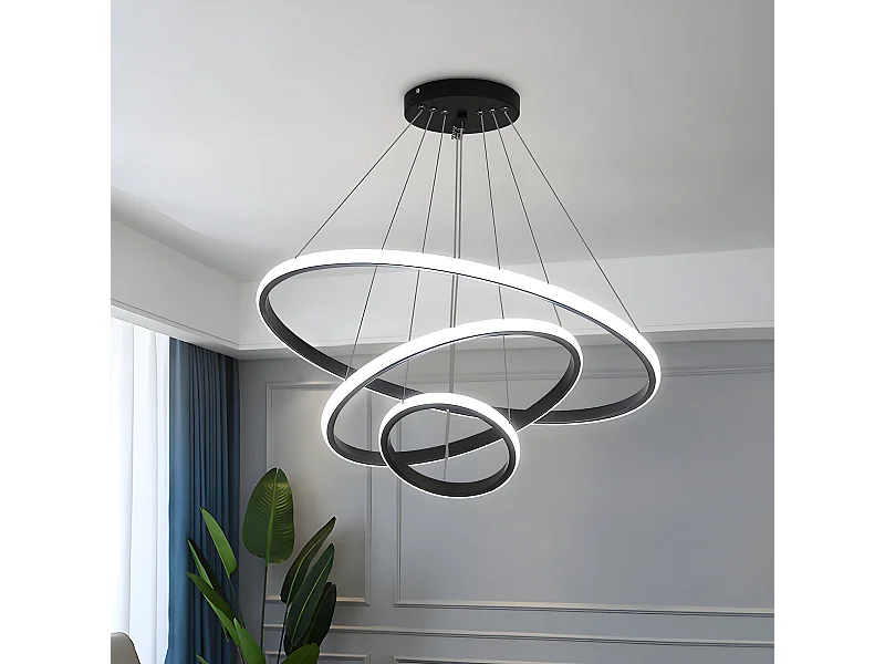 Suspension moderne  led lustre aluminium, 20+40+60CM, noir, 76w en forme de cercle 3 anneaux