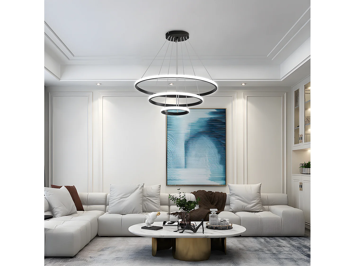 Suspension moderne  led lustre aluminium, 20+40+60CM, noir, 76w en forme de cercle 3 anneaux