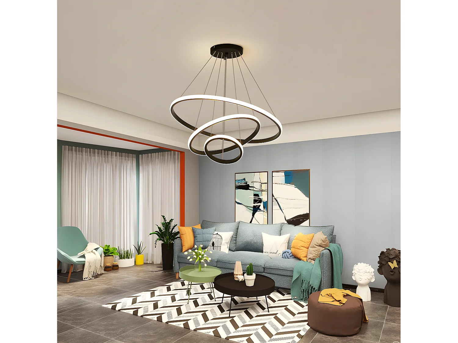 Suspension moderne  led lustre aluminium, 20+40+60CM, noir, 76w en forme de cercle 3 anneaux