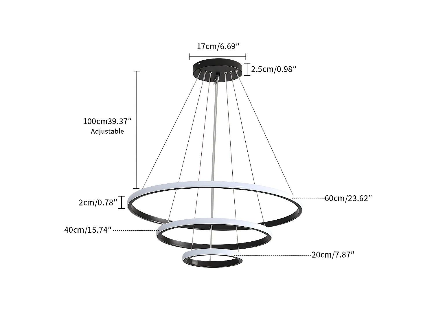 Suspension moderne  led lustre aluminium, 20+40+60CM, noir, 76w en forme de cercle 3 anneaux
