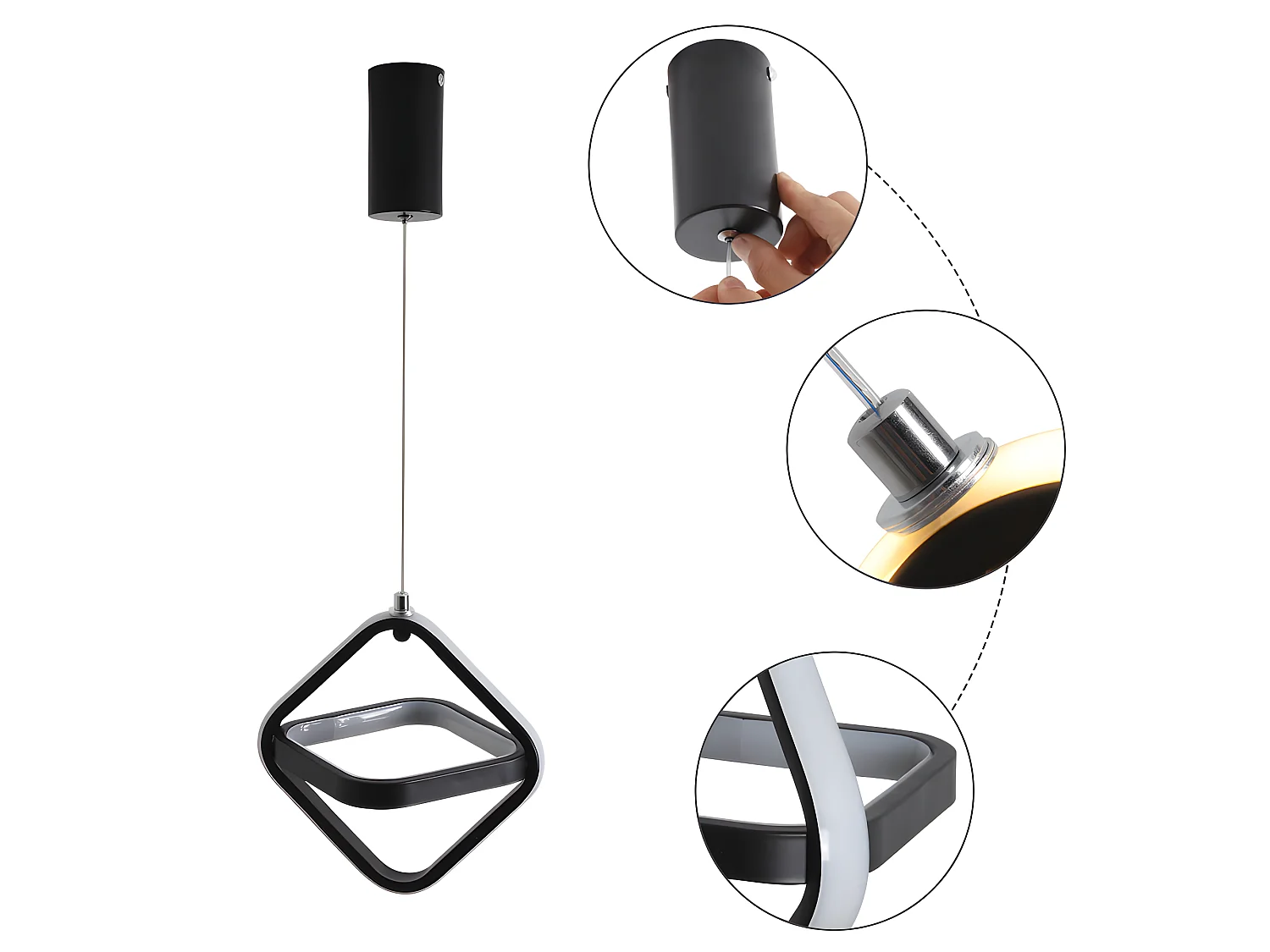 Modern Led Suspension Square Design Kroonluchter, zwart, 23*23*23cm, 22W 3000K, in Acryl