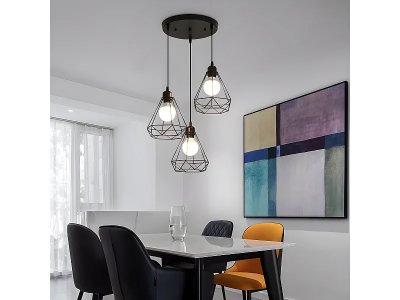 3 lampes suspension industrielle vintage, lustre noir, 145*43*43cm, en métal, sans ampoules E27