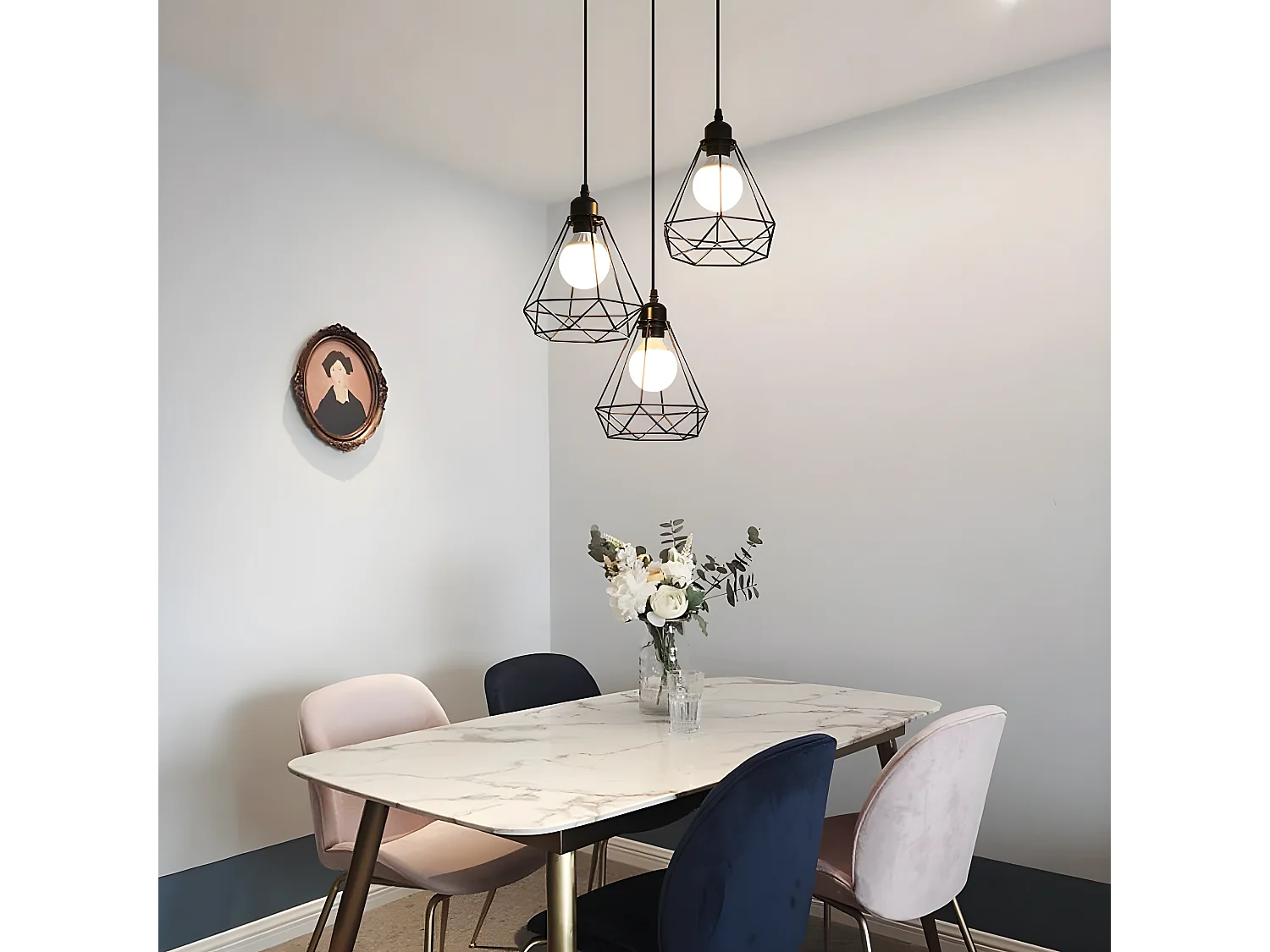3 lampes suspension industrielle vintage, lustre noir, 145*43*43cm, en métal, sans ampoules E27