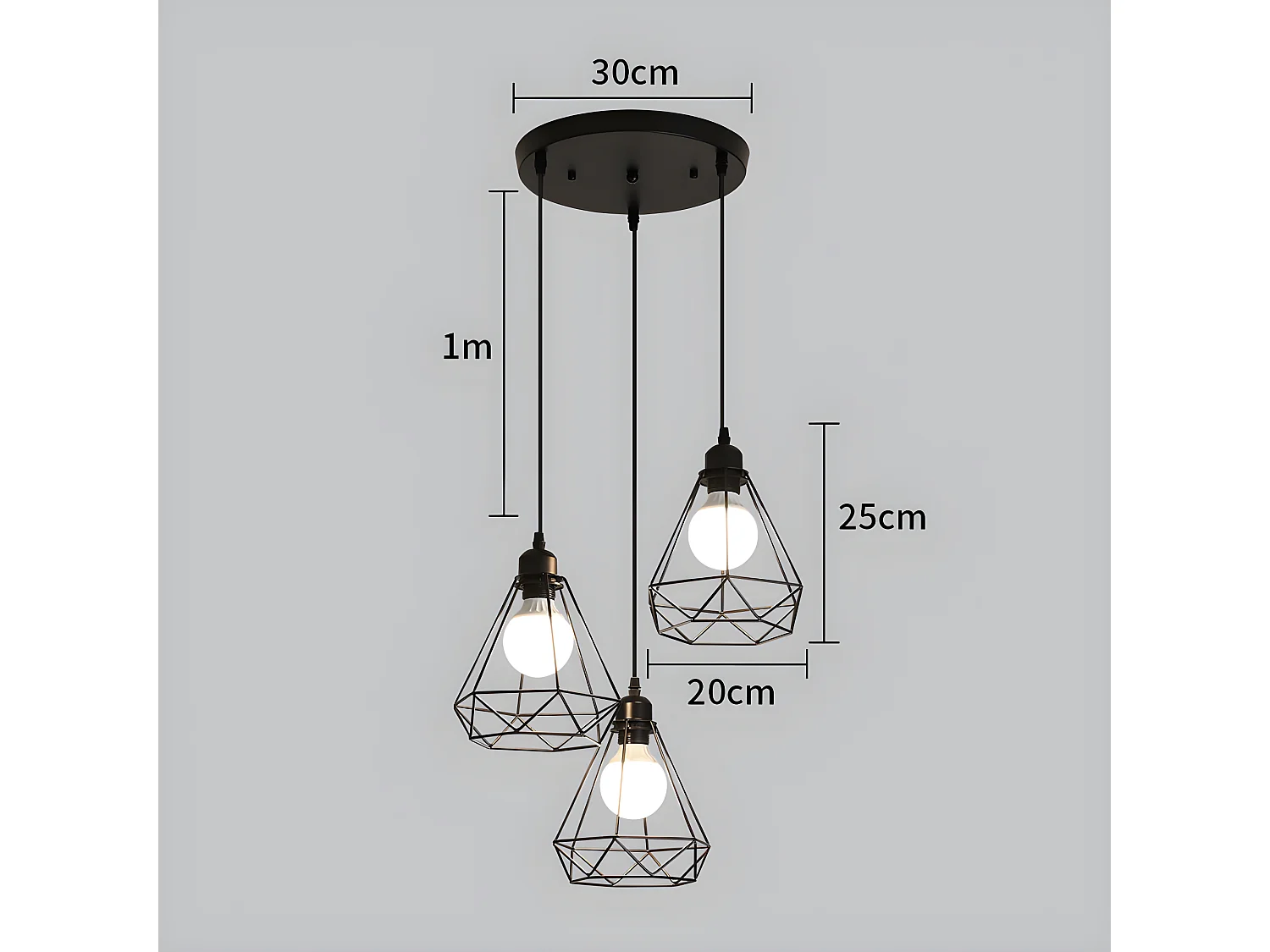 3 lampes suspension industrielle vintage, lustre noir, 145*43*43cm, en métal, sans ampoules E27