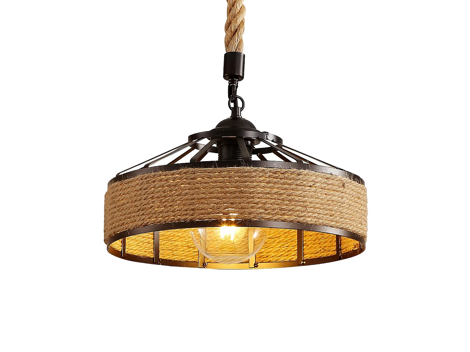 Lustre en corde de chanvre,  100 * 30 * 30cm, suspension rétro en métal noir
