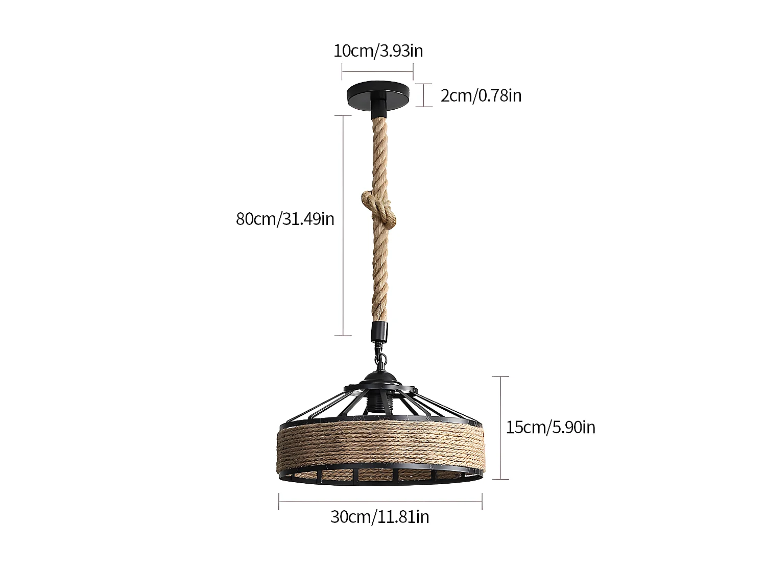 Lustre en corde de chanvre,  100 * 30 * 30cm, suspension rétro en métal noir