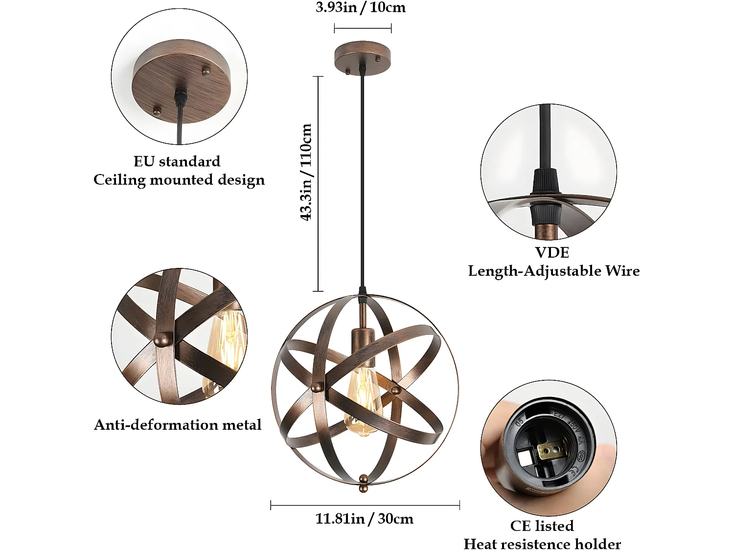 Suspension lustre vintage retro E27, 30*30cm, brun foncé, sans ampoules