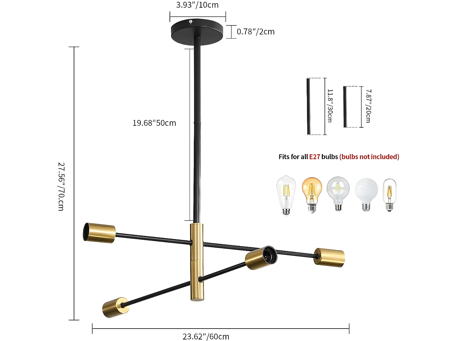 Suspension vintage lustre industriel rétro noir E27,  60 * 60 * 70cm, angle réglable à 180 °, sans ampoules