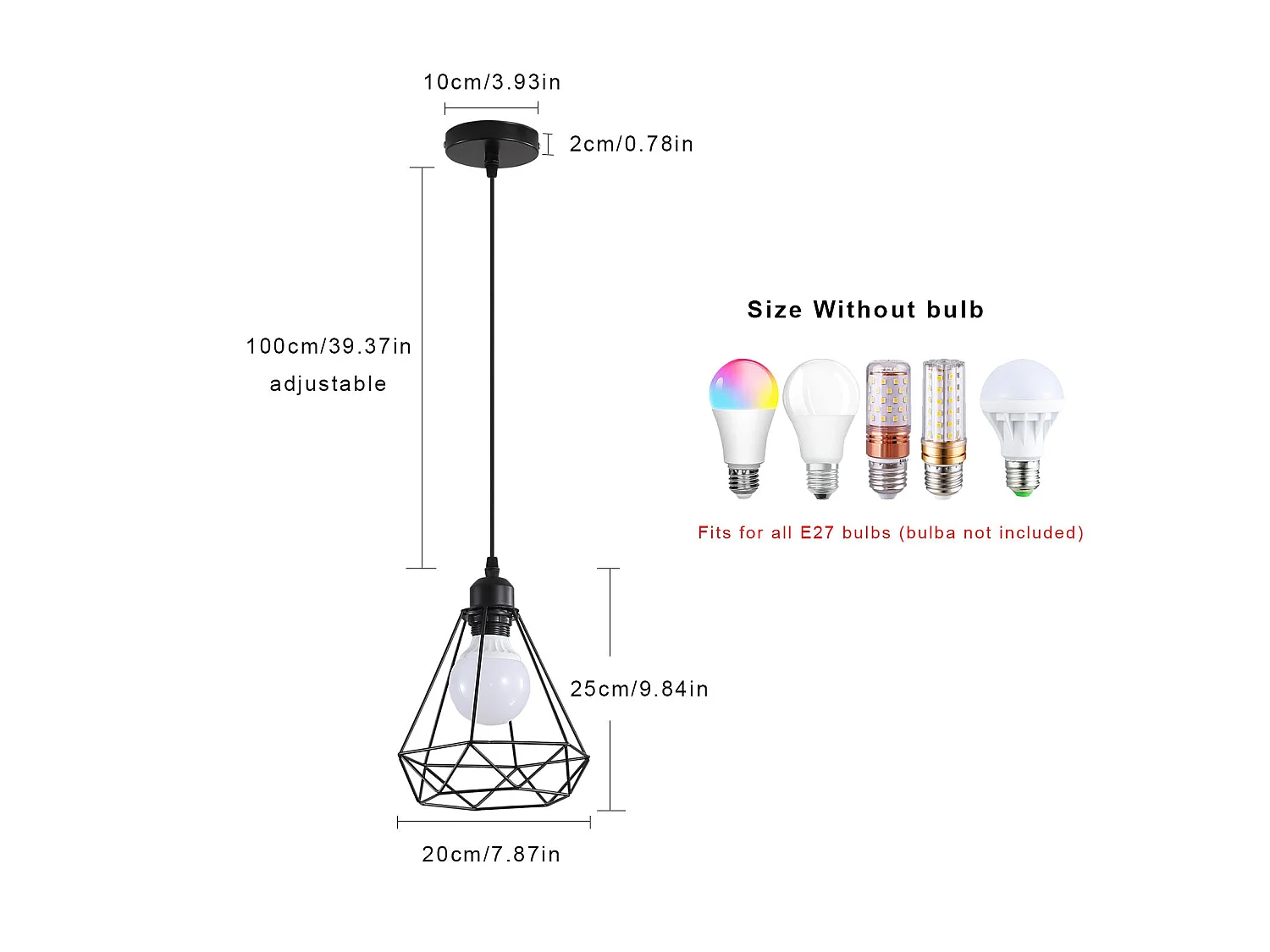 Suspension luminaire E27 industriel, noir, 20 * 25 * 125cm, maximale 60w, sans ampoules