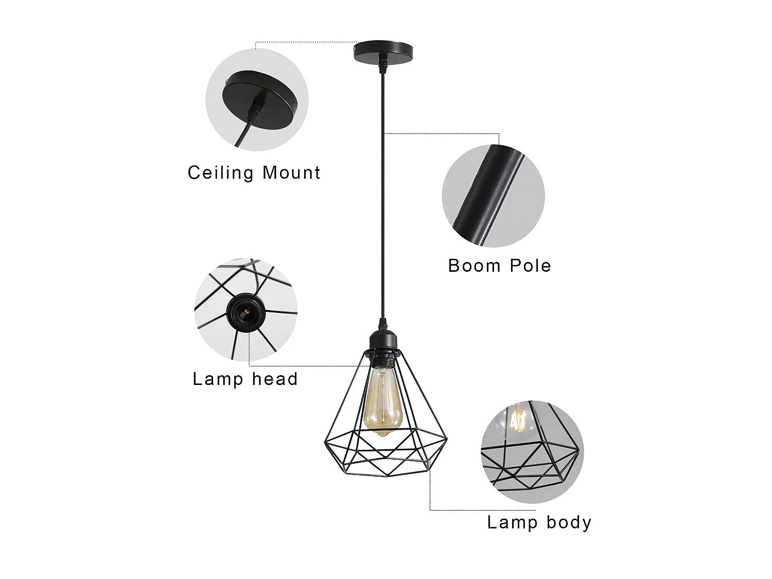 Suspension luminaire E27 industriel, noir, 20 * 25 * 125cm, maximale 60w, sans ampoules