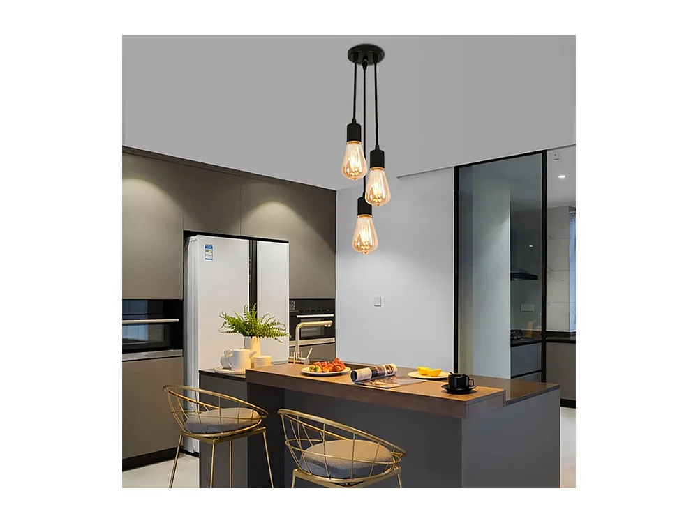 Lustre industriel vintage 3 douilles suspension, 30+40+50cm, noir, plafonnier sans ampoules E27