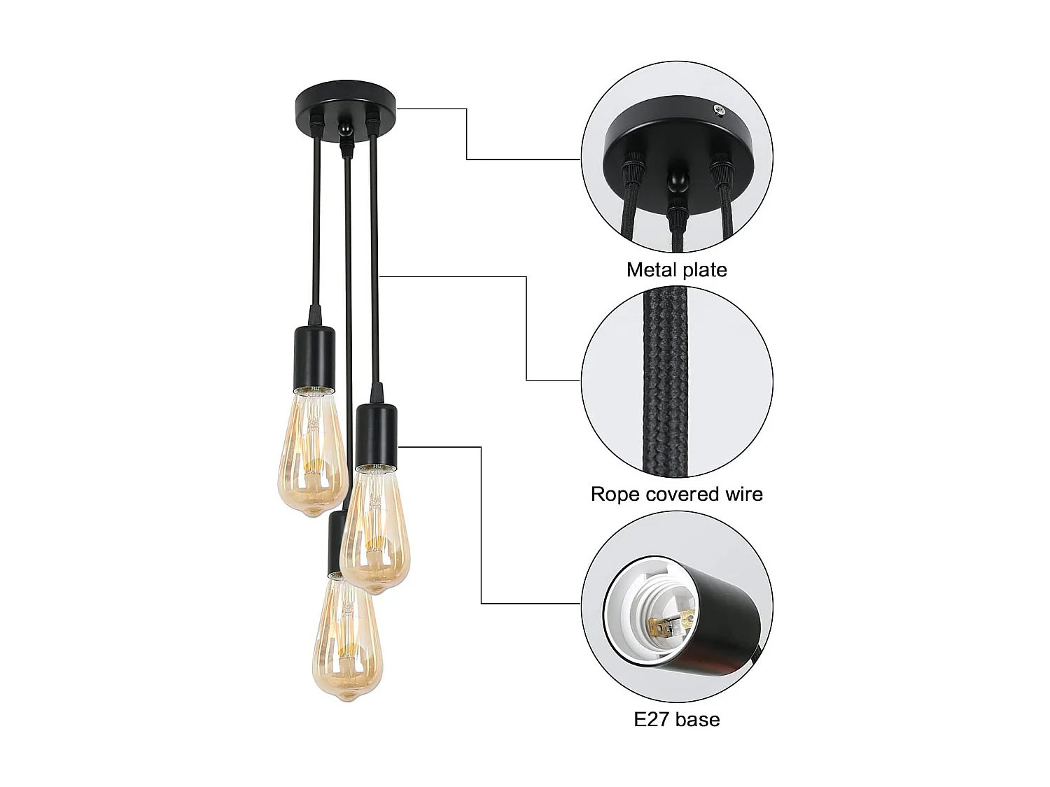 Sobre la suspensión de enchufes de lámpara industrial 3, 30+40+50 cm, negro, luz de techo sin bombilla E27