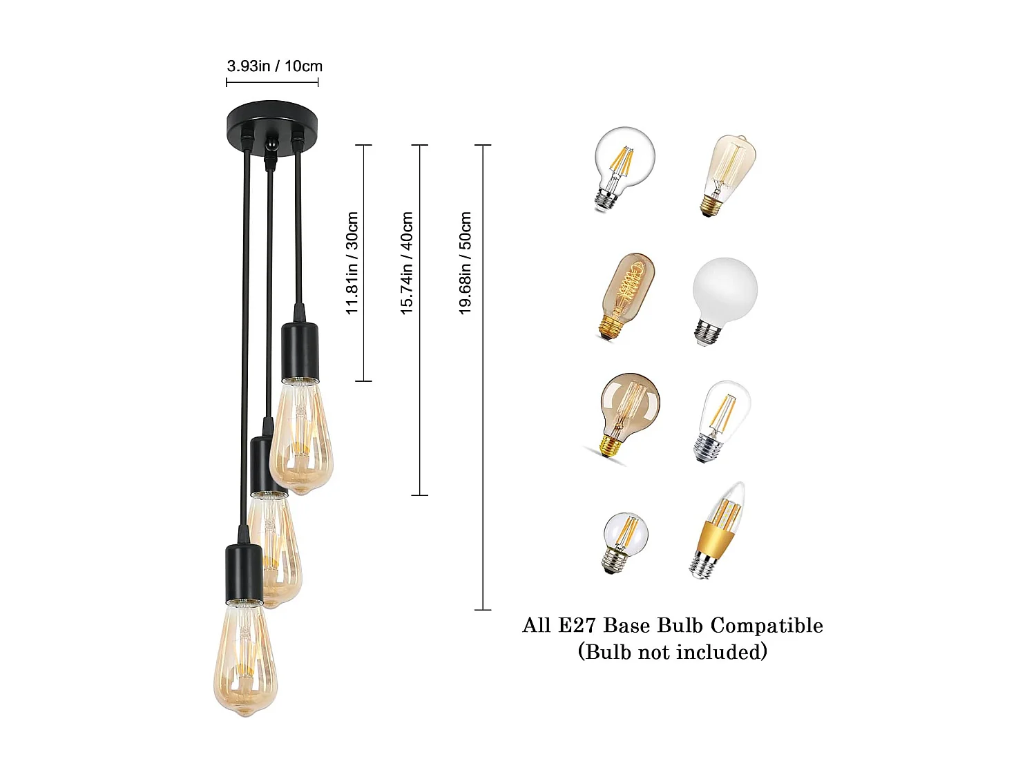 Sobre la suspensión de enchufes de lámpara industrial 3, 30+40+50 cm, negro, luz de techo sin bombilla E27